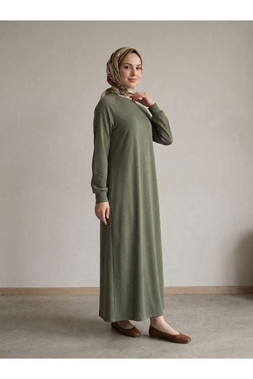 ELB04173-HKİ Reglan Kol Pike Elbise-Haki