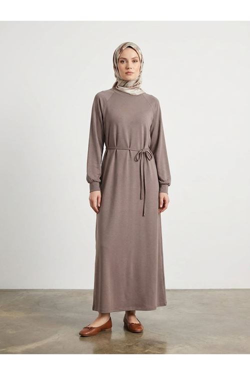 ELB04173-P102 Reglan Kol Pike Elbise-Açık Kahve