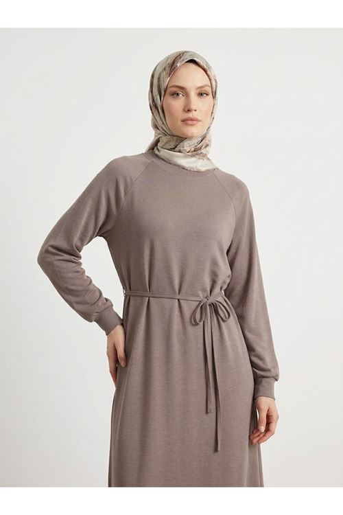 ELB04173-P102 Reglan Kol Pike Elbise-Açık Kahve