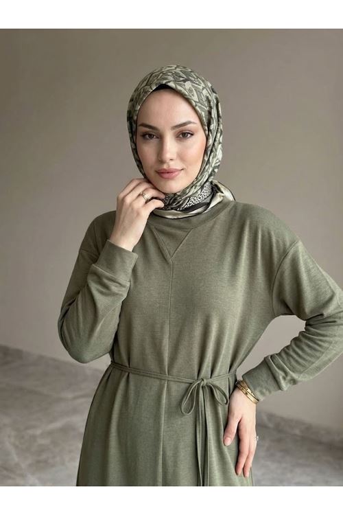 ELB04174-HKİ Ön Hareket Detay Pike Elbise-Haki
