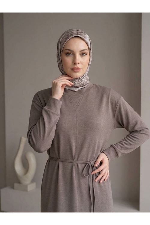 ELB04174-P102 Ön Hareket Detay Pike Elbise-Açık Kahve