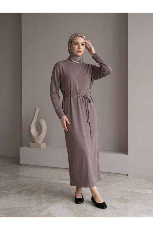 ELB04174-P102 Ön Hareket Detay Pike Elbise-Açık Kahve