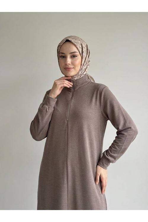 ELB04180-P102 Fermuar Detay Pike Elbise-Açık Kahve