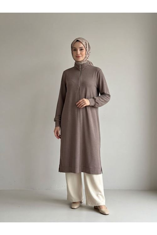 ELB04180-P102 Fermuar Detay Pike Elbise-Açık Kahve