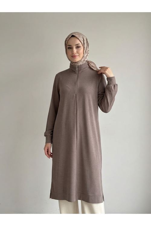 ELB04180-P102 Fermuar Detay Pike Elbise-Açık Kahve
