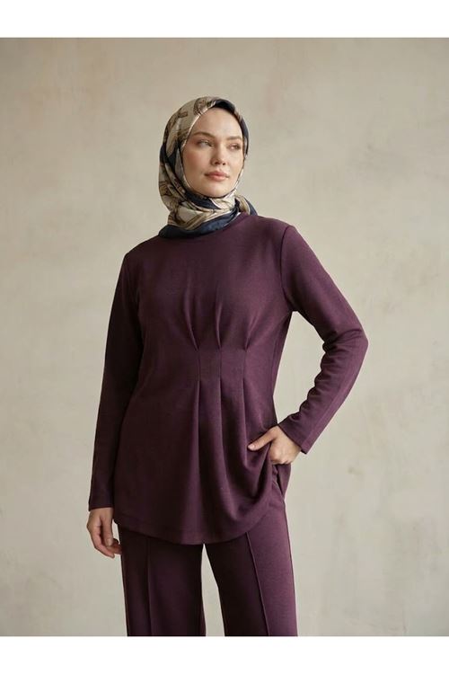 PİT00550-BRD Önü Üç Derin Pileli Takım-Bordo