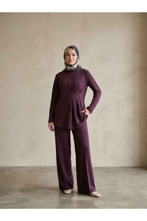 PİT00550-BRD Önü Üç Derin Pileli Takım-Bordo