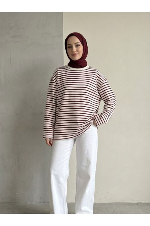 TUN06020-BRD Çizgili Oysh Tunik-Bordo