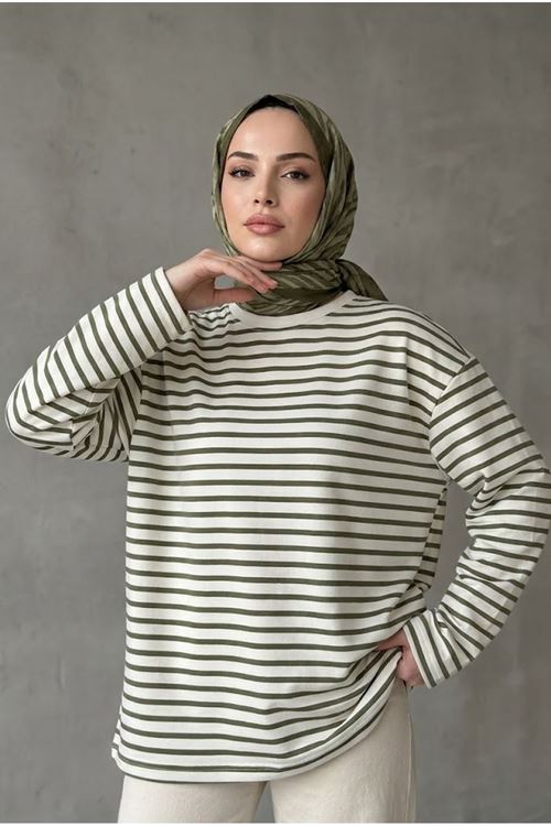TUN06020-HKİ Çizgili Oysh Tunik-Haki
