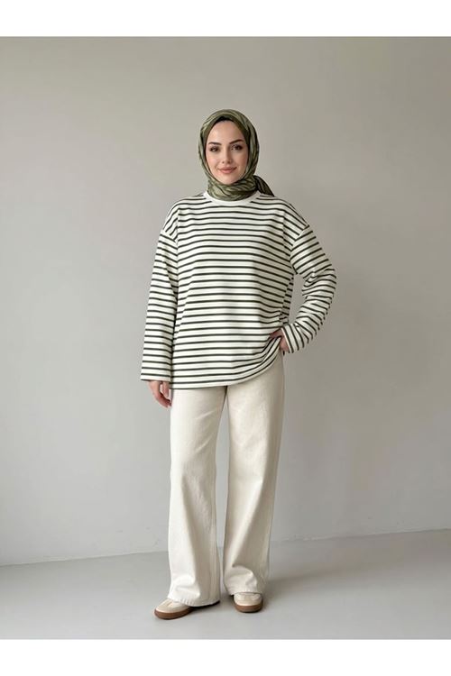 TUN06020-HKİ Çizgili Oysh Tunik-Haki
