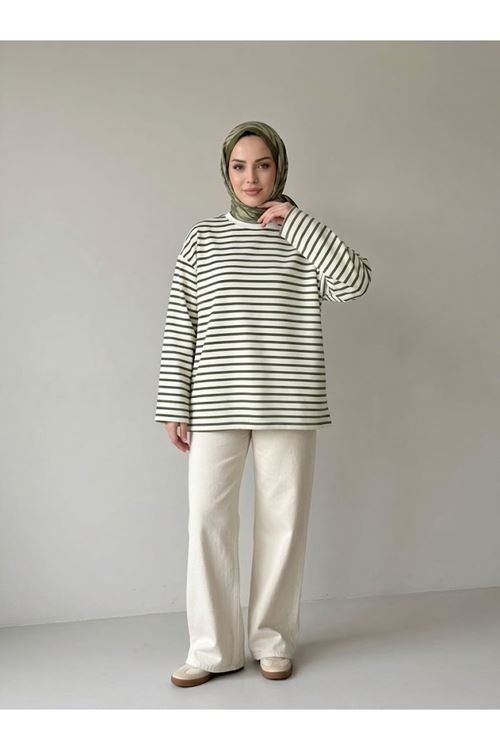 TUN06020-HKİ Çizgili Oysh Tunik-Haki
