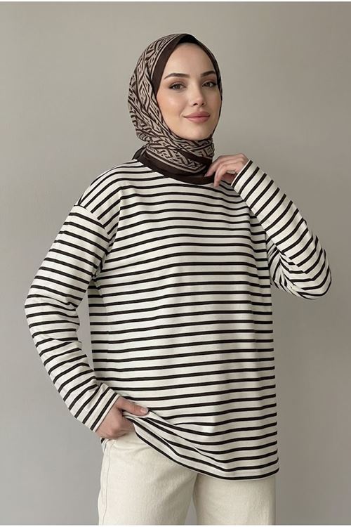 TUN06020-KHV Çizgili Oysh Tunik-Kahve