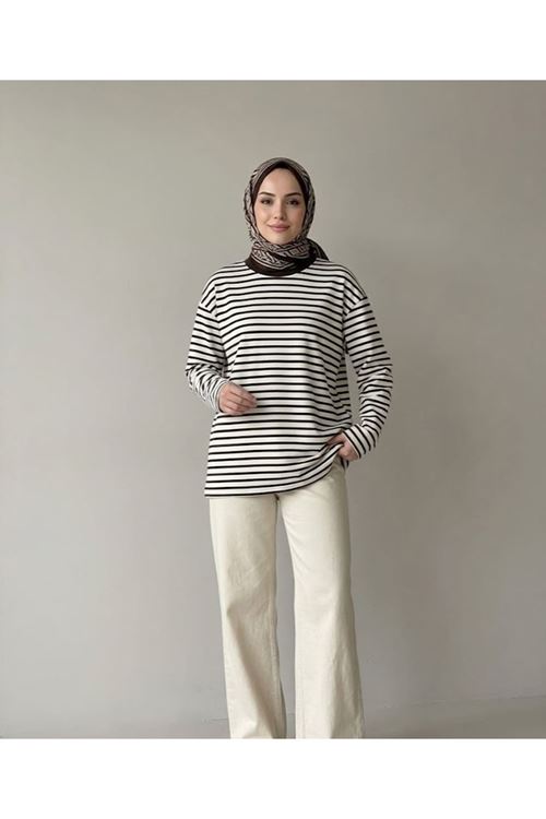 TUN06020-KHV Çizgili Oysh Tunik-Kahve