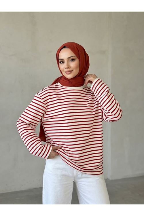 TUN06020-KIR Çizgili Oysh Tunik-Kırmızı