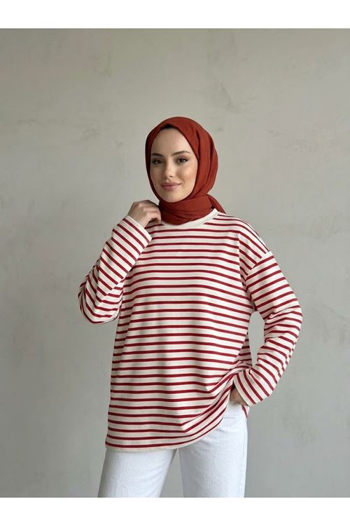 TUN06020-KIR Çizgili Oysh Tunik-Kırmızı