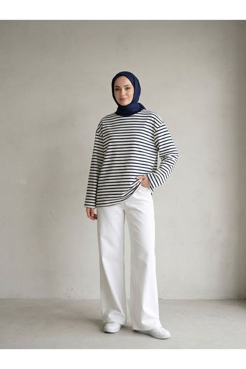 TUN06020-LCV Çizgili Oysh Tunik-Lacivert