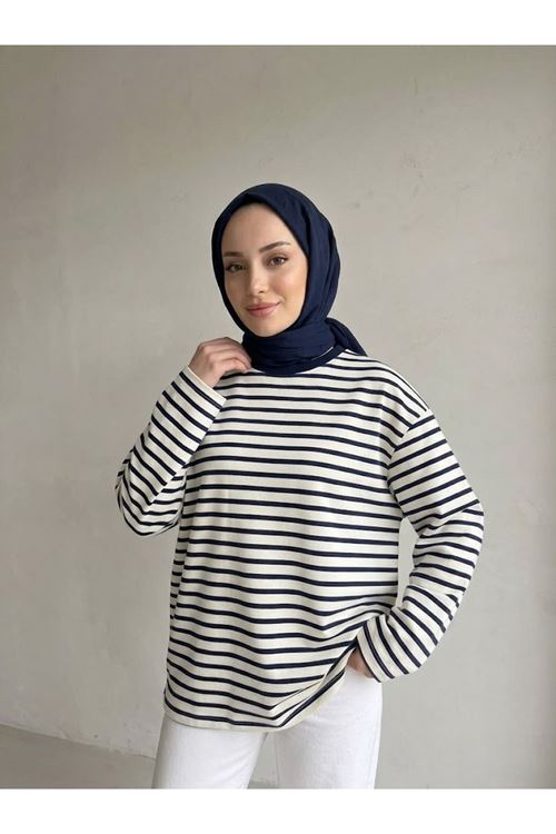 TUN06020-LCV Çizgili Oysh Tunik-Lacivert