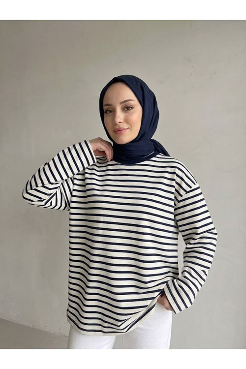 TUN06020-LCV Çizgili Oysh Tunik-Lacivert
