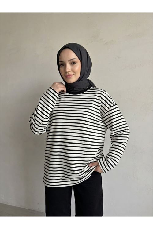TUN06020-SYH Çizgili Oysh Tunik-Siyah