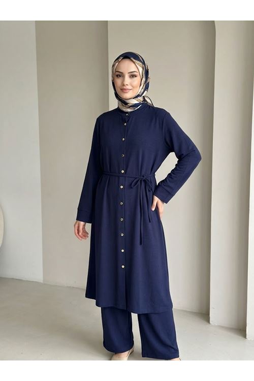 PİT00552-LCV Hakim Yaka Pantolonlu Pike Takım-Lacivert