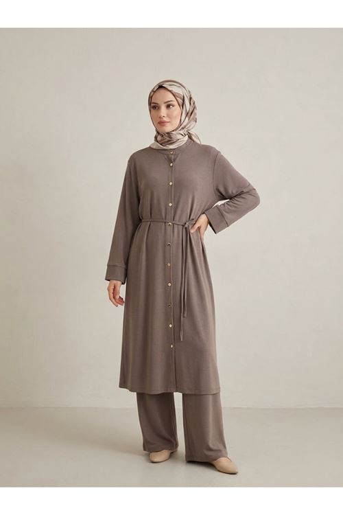 PİT00552-P102 Hakim Yaka Pantolonlu Pike Takım-Açık Kahve