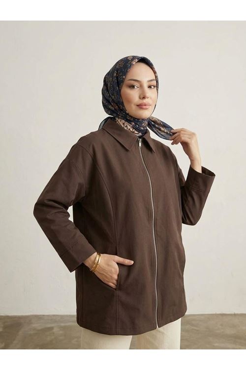 TRÇ00147-KHV Robalı Manşetli Fermuar  Detay Trrençkot-Kahve