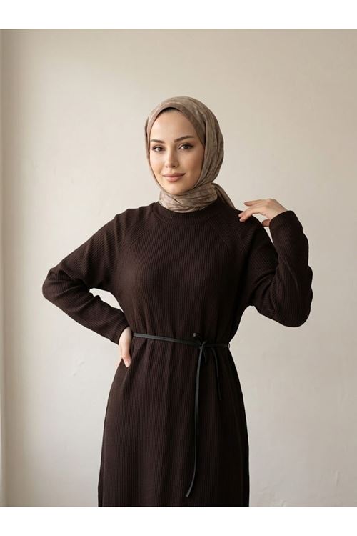 ELB04182-KHV Reglan Kol Triko Elbise-Kahve