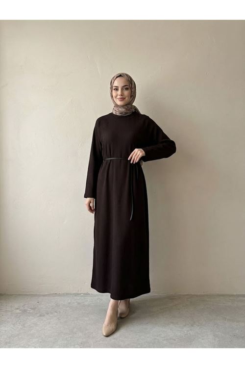 ELB04182-KHV Reglan Kol Triko Elbise-Kahve