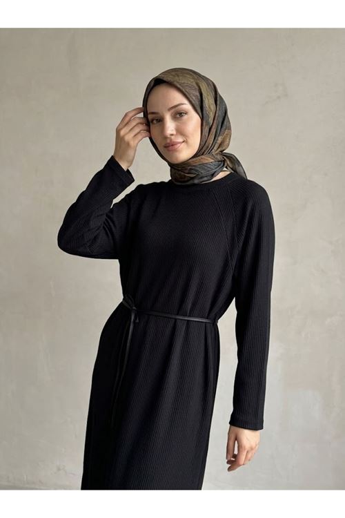 ELB04182-SYH Reglan Kol Triko Elbise-Siyah