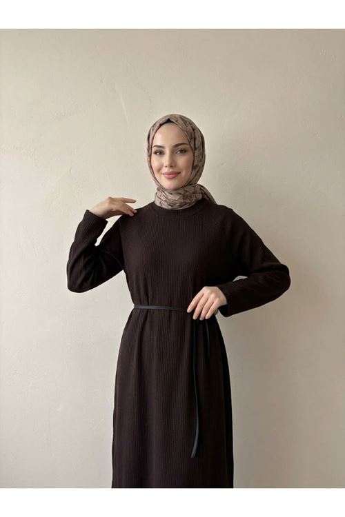 ELB04182-KHV Reglan Kol Triko Elbise-Kahve