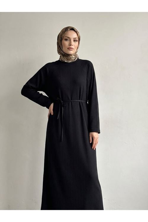 ELB04182-SYH Reglan Kol Triko Elbise-Siyah