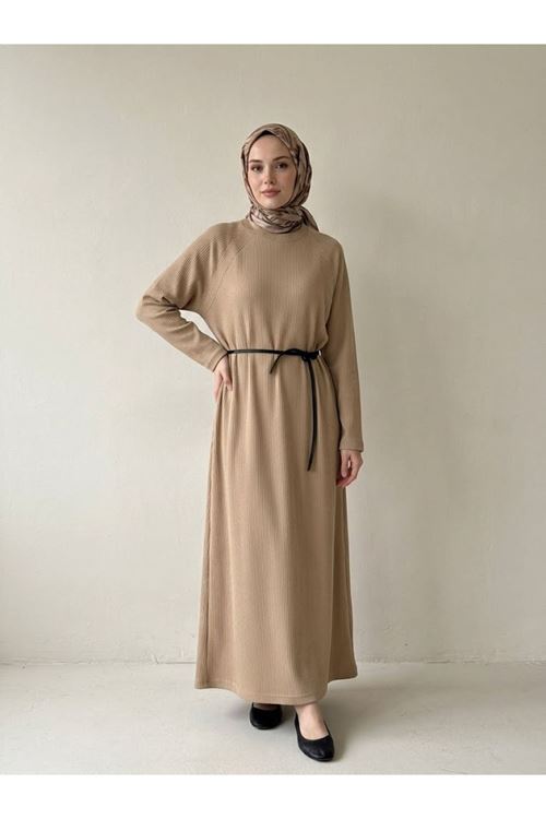 ELB04182-VİZ Reglan Kol Triko Elbise-Vizon