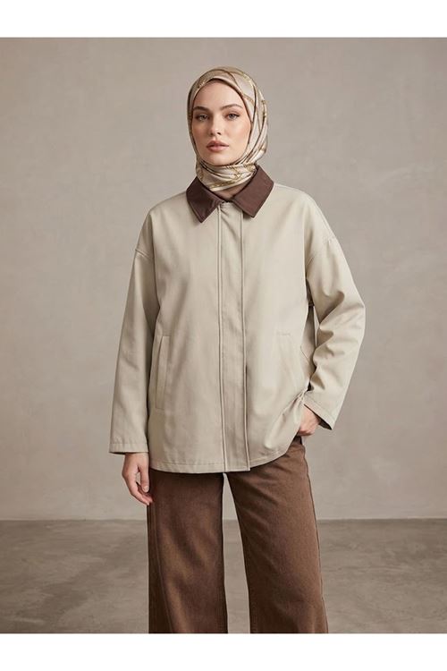 TRÇ00149-TAŞ Düşük Kol Flotalı Fermuarlı  Trençkot-Taş