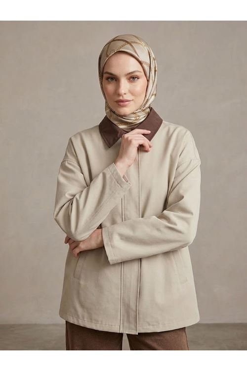 TRÇ00149-TAŞ Düşük Kol Flotalı Fermuarlı  Trençkot-Taş