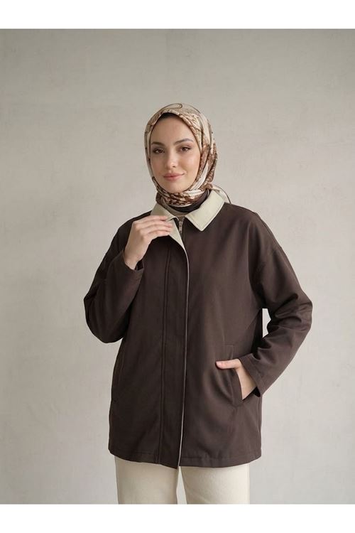 TRÇ00149-KHV Düşük Kol Flotalı Fermuarlı  Trençkot-Kahve