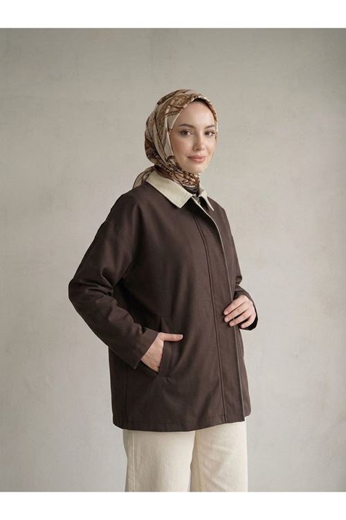 TRÇ00149-KHV Düşük Kol Flotalı Fermuarlı  Trençkot-Kahve