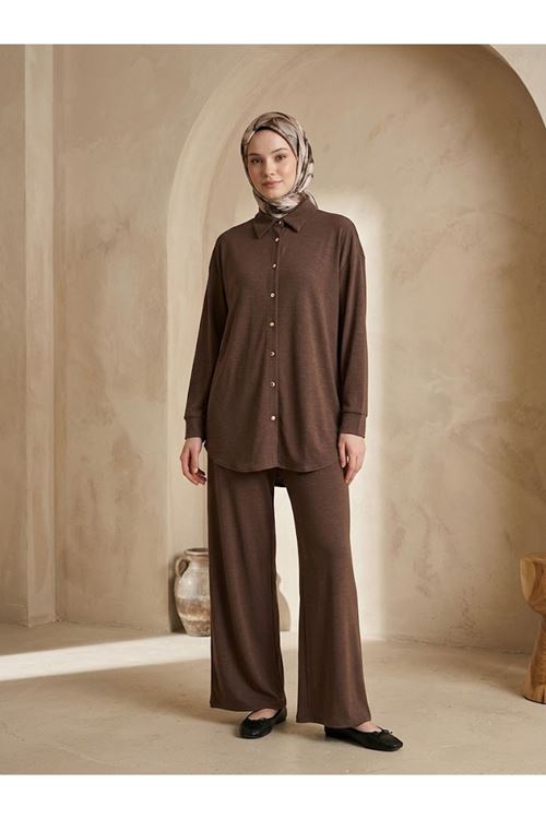 PİT00553-KHV Yakalı Patlı Pike Pantolonlu Takım-Kahve