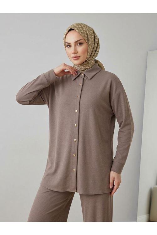 PİT00553-P102 Yakalı Patlı Pike Pantolonlu Takım-Açık Kahve