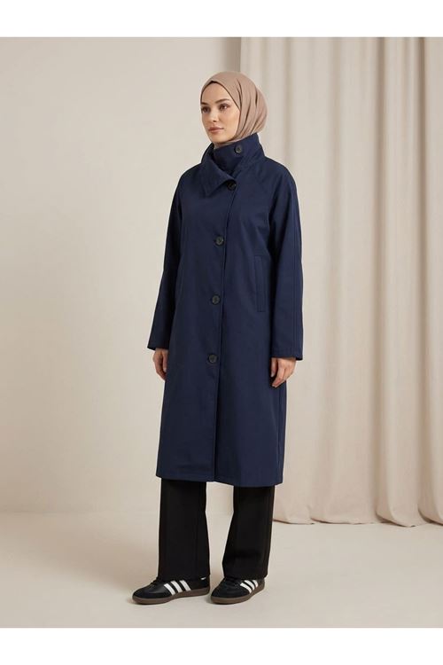 TRÇ00150-LCV Reglan Kol Flota Cep Uzun Trençkot-Lacivert