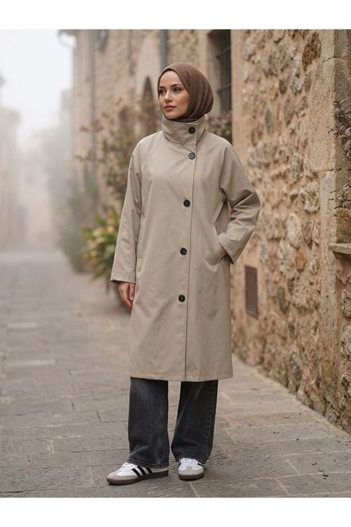 TRÇ00150-TAŞ Reglan Kol Flota Cep Uzun Trençkot-Taş