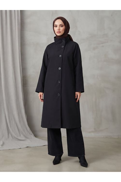 TRÇ00150-SYH Reglan Kol Flota Cep Uzun Trençkot-Siyah
