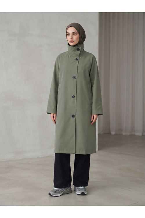 TRÇ00150-HKİ Reglan Kol Flota Cep Uzun Trençkot-Haki