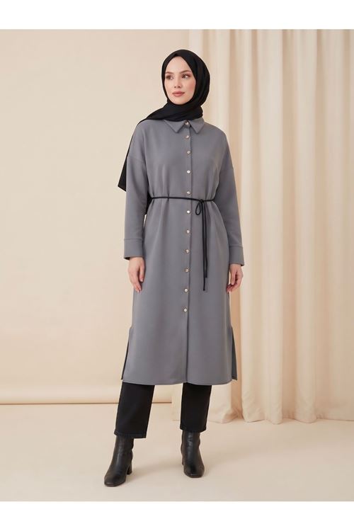 ELB04186-GRN Yakalı Patlı Oysh Elbise-Gri