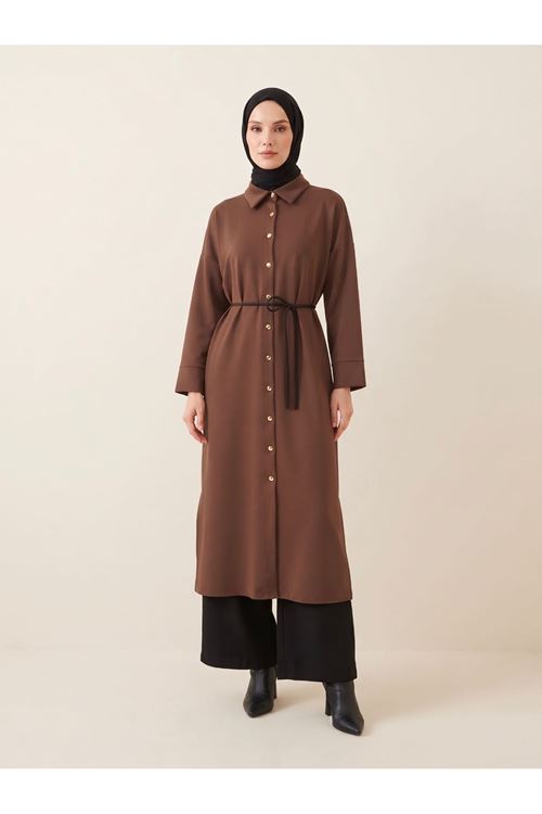ELB04186-KHV Yakalı Patlı Oysh Elbise-Kahve