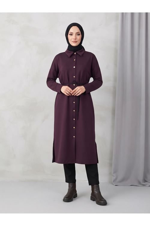 ELB04186-BRD Yakalı Patlı Oysh Elbise-Bordo