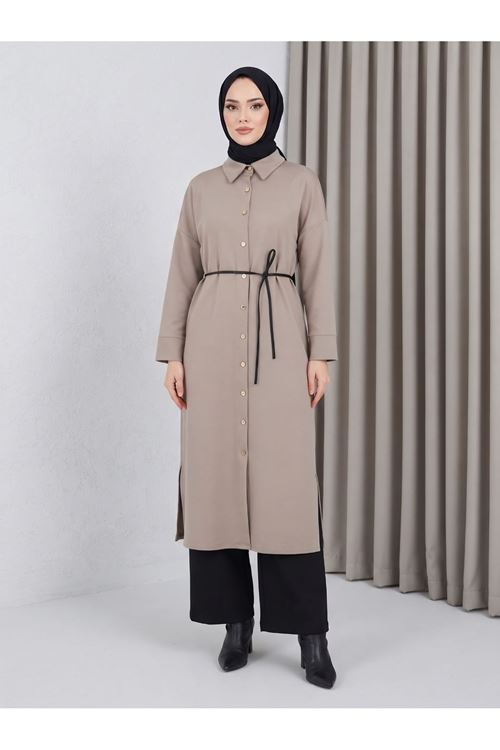 ELB04186-VİZ Yakalı Patlı Oysh Elbise-Vizon