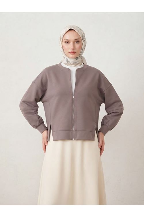 TUN06016-P102 Fermuarlı Ön Parçalı Manşetli Tunik-Açık Kahve