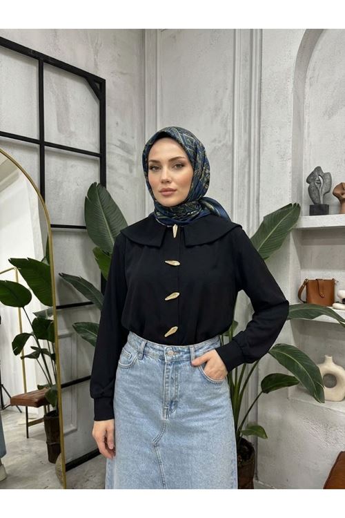 TUN06017-SYH Şal Yaka Patlı Tunik-Siyah