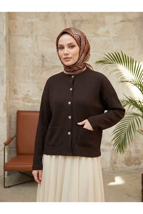 HIR02460-KHV Cep Detay Kısa Hırka-Kahve
