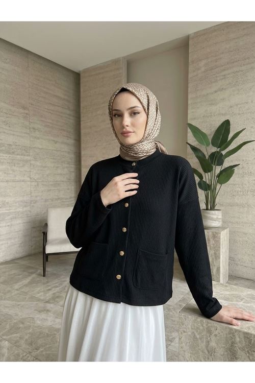 HIR02460-SYH Cep Detay Kısa Hırka-Siyah